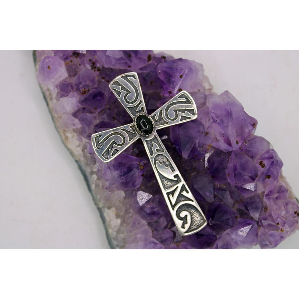 Silver Cloud Sterling Silver Overlay w/ Black Tourmaline Cabochon Cross Pendant